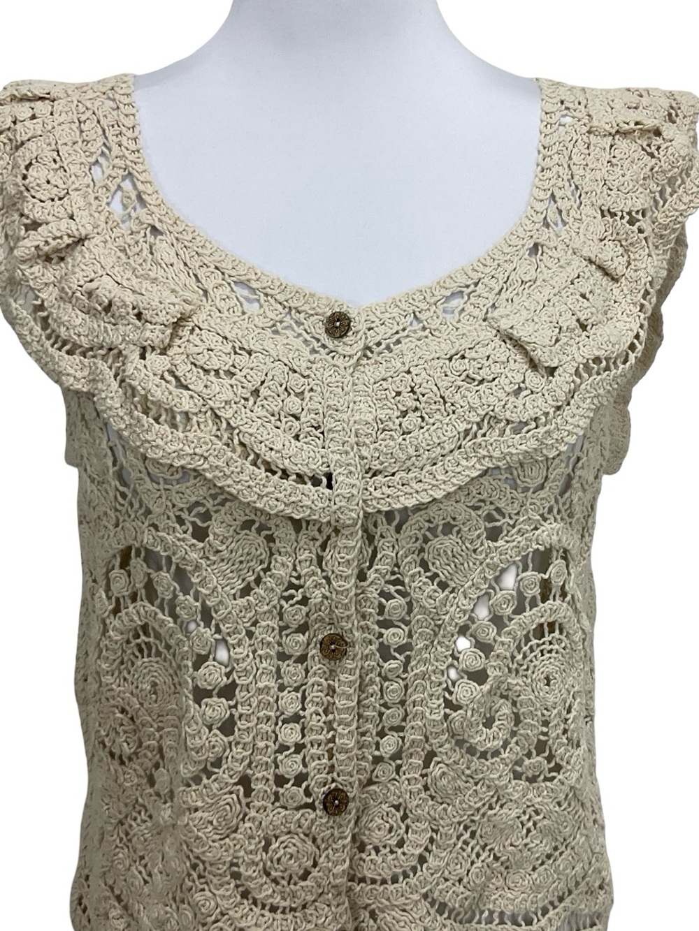Bohemian Crochet Cream Button-Front Sleeveless Top Size Large - Picture 7 of 7